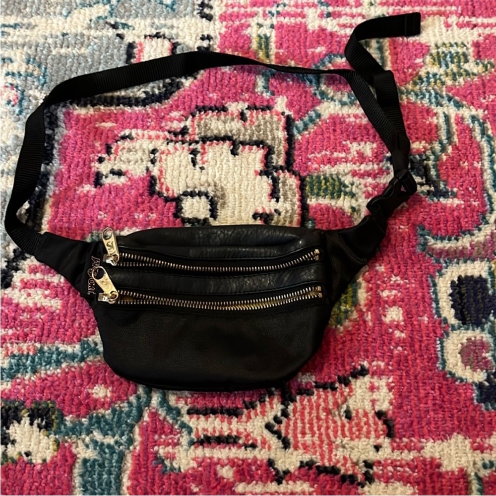 Black Leather-Look Belt Bag with Double Zip Pockets